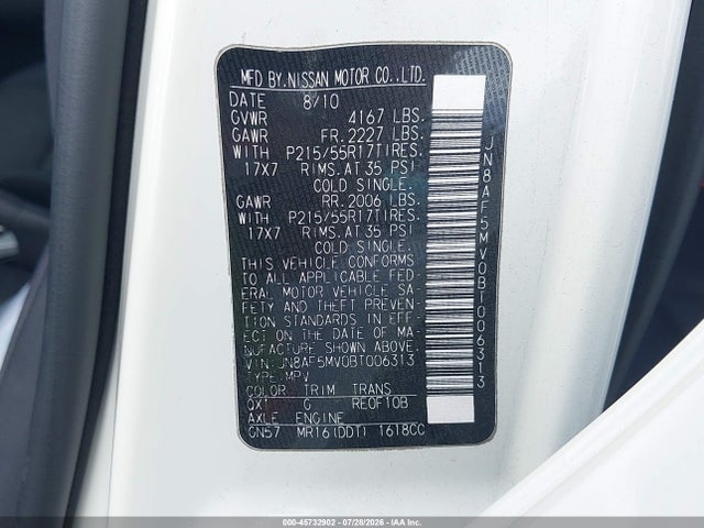 2011 Nissan Juke S მანქანა იყიდება აუქციონზე, vin: JN8AF5MV0BT006313, აუქციონის ნომერი: 45732902