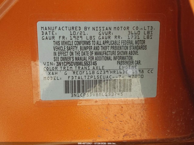 45732921 :رقم المزاد ، 3N1CP5DV8ML553745 vin ، 2021 Nissan Kicks Sr Xtronic Cvt مزاد بيع