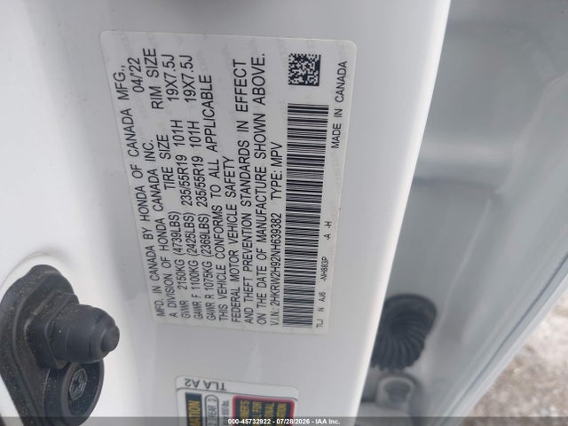 2HKRW2H92NH639382 Honda Cr-v Awd Touring