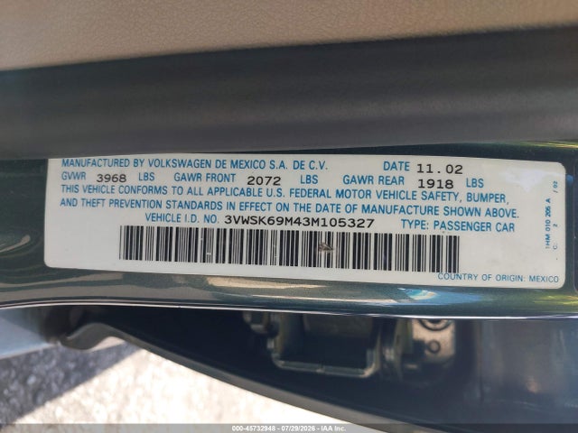 Aukcja sprzedaży 2003 Volkswagen Jetta Gls 2.0l, vin: 3VWSK69M43M105327, numer aukcji: 45732948