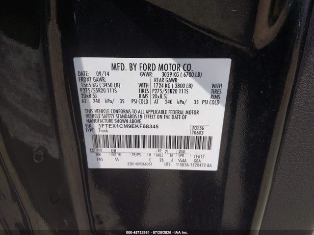 45732961 :رقم المزاد ، 1FTEX1CM9EKF68345 vin ، 2014 Ford F-150 Stx مزاد بيع