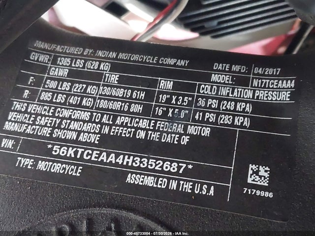 INDIAN MOTORCYCLE CO. Chieftain Elite 2017 56KTCEAA4H3352687 Image 10