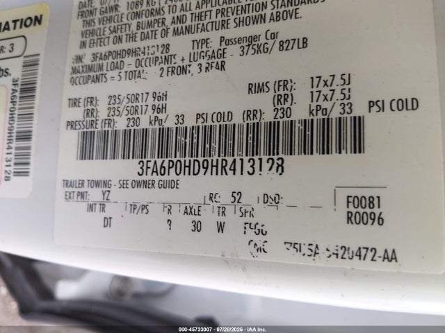 45733007 :رقم المزاد ، 3FA6P0HD9HR413128 vin ، 2017 Ford Fusion Se مزاد بيع