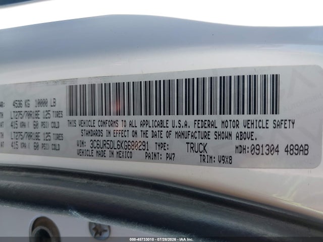 2019 Ram 2500 Big Horn  4x4 6'4 Box მანქანა იყიდება აუქციონზე, vin: 3C6UR5DL6KG680291, აუქციონის ნომერი: 45733010