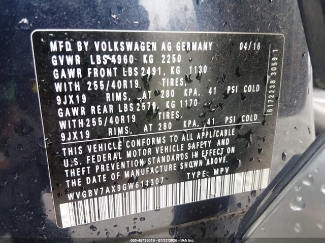 Aukcja sprzedaży 2016 Volkswagen Tiguan R-line, vin: WVGBV7AX9GW611307, numer aukcji: 45733016