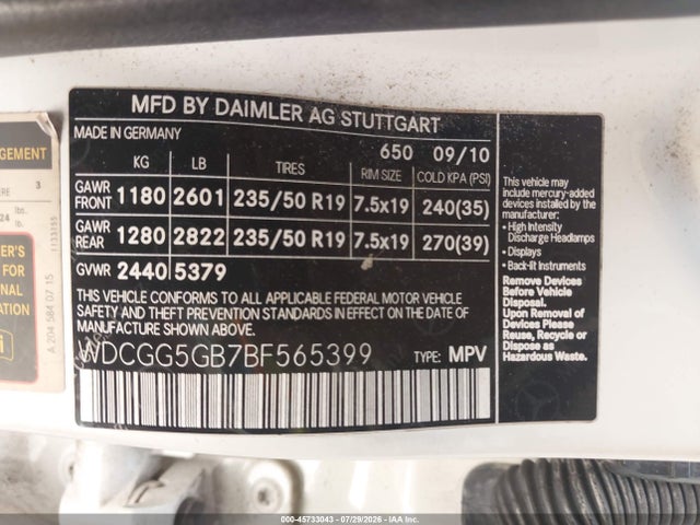 45733043 :رقم المزاد ، WDCGG5GB7BF565399 vin ، 2011 Mercedes-benz Glk 350 مزاد بيع