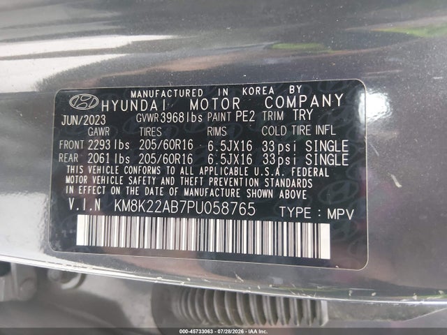 Продажа на аукционе авто 2023 Hyundai Kona Se, vin: KM8K22AB7PU058765, номер лота: 45733063