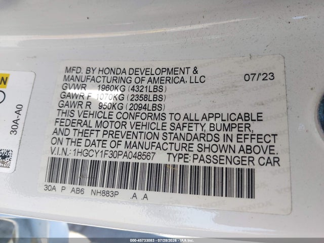 1HGCY1F30PA048567 Honda ACCORD EX