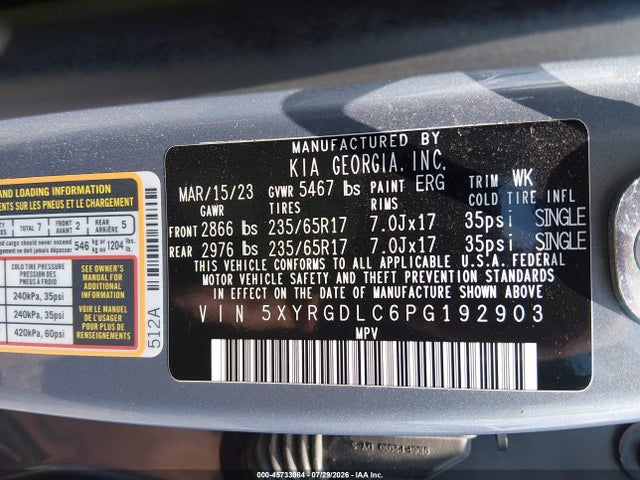 Продажа на аукционе авто 2023 Kia Sorento Lx, vin: 5XYRGDLC6PG192903, номер лота: 45733084