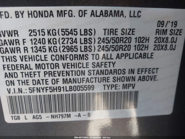 5FNYF5H91LB005599 Honda Pilot 2wd Touring 8 Passenger