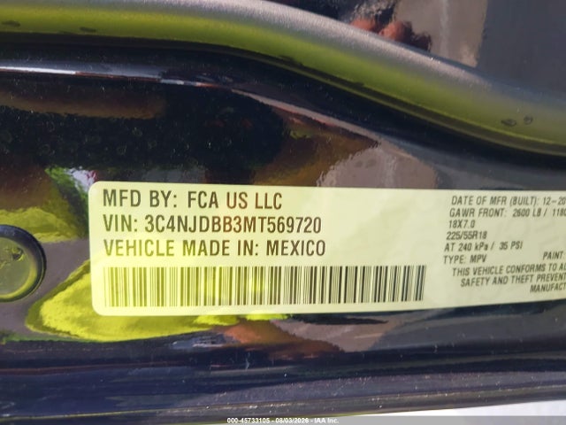 Aukcja sprzedaży 2021 Jeep Compass Altitude 4x4, vin: 3C4NJDBB3MT569720, numer aukcji: 45733105