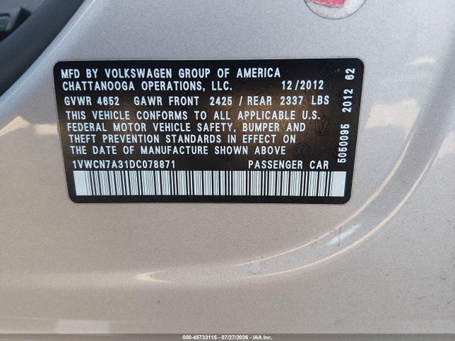 2013 Volkswagen Passat 2.0l Tdi Sel Premium მანქანა იყიდება აუქციონზე, vin: 1VWCN7A31DC078871, აუქციონის ნომერი: 45733115
