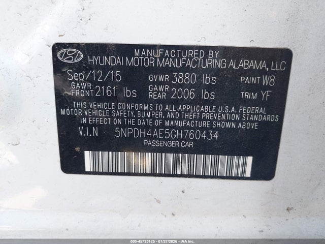 5NPDH4AE5GH760434 Hyundai ELANTRA SE