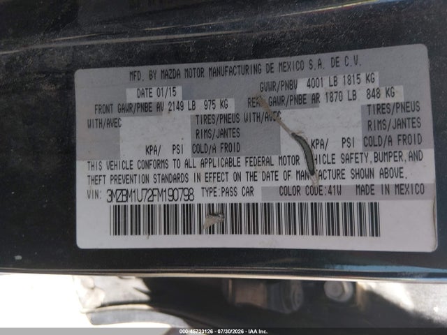 Aukcja sprzedaży 2015 Mazda Mazda3 I Sport, vin: 3MZBM1U72FM190798, numer aukcji: 45733126