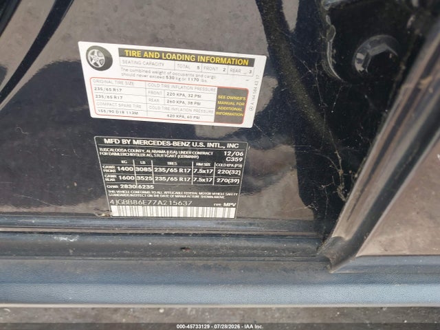 Aukcja sprzedaży 2007 Mercedes-benz Ml 350 4matic, vin: 4JGBB86E77A215637, numer aukcji: 45733129