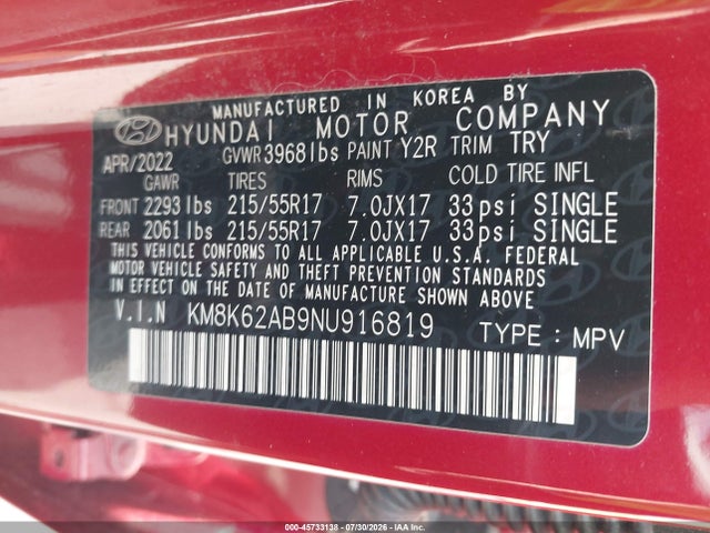 45733138 :رقم المزاد ، KM8K62AB9NU916819 vin ، 2022 Hyundai Kona Sel مزاد بيع