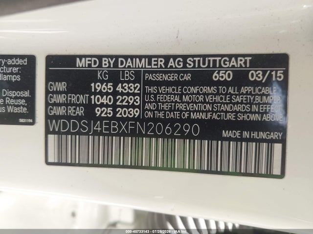 Aukcja sprzedaży 2015 Mercedes-benz Cla 250, vin: WDDSJ4EBXFN206290, numer aukcji: 45733143