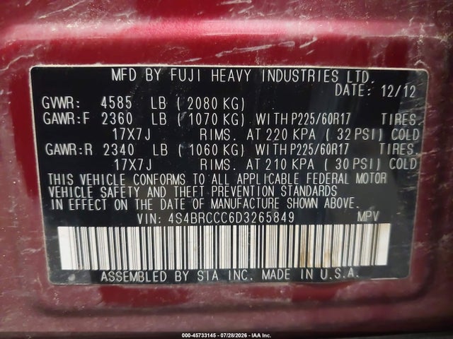 Продаж на аукціоні авто 2013 Subaru Outback 2.5i Premium, vin: 4S4BRCCC6D3265849, номер лоту: 45733145