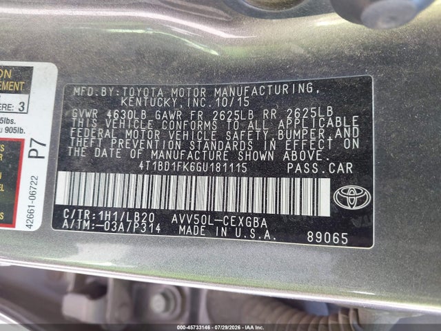 4T1BD1FK6GU181115 Toyota Camry Hybrid Xle