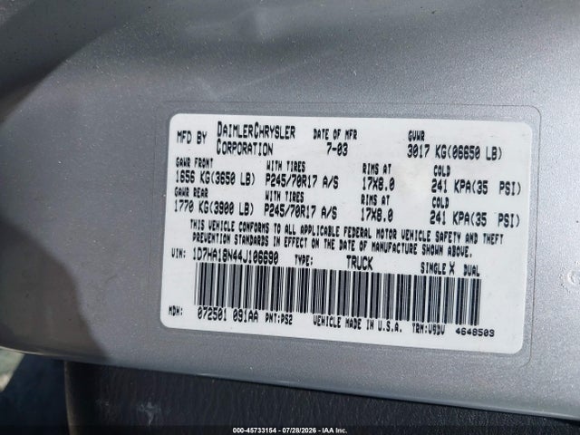 Aukcja sprzedaży 2004 Dodge Ram 1500 Slt/laramie, vin: 1D7HA18N44J106690, numer aukcji: 45733154