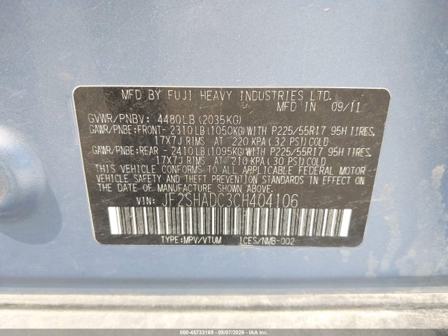 45733169 :رقم المزاد ، JF2SHADC3CH404106 vin ، 2012 Subaru Forester 2.5x Premium مزاد بيع