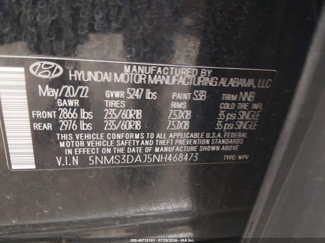 Продаж на аукціоні авто 2022 Hyundai Santa Fe Sel, vin: 5NMS3DAJ5NH468473, номер лоту: 45733183