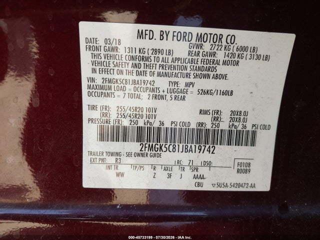 2FMGK5C81JBA19742 Ford FLEX SEL