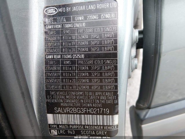 Aukcja sprzedaży 2015 Land Rover Range Rover Evoque Pure, vin: SALVR2BG3FH021719, numer aukcji: 45733201