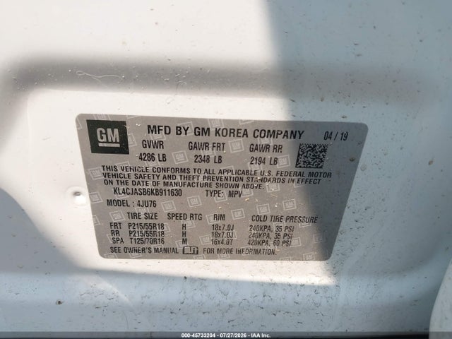 2019 Buick Encore Fwd Preferred მანქანა იყიდება აუქციონზე, vin: KL4CJASB6KB911630, აუქციონის ნომერი: 45733204