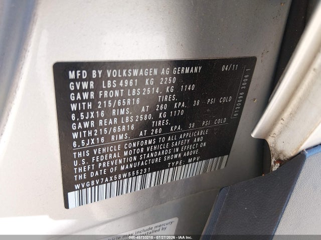 Auction sale of the 2011 Volkswagen Tiguan S, vin: WVGBV7AX5BW555231, lot number: 45733210