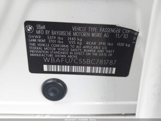 45733211 :رقم المزاد ، WBAFU7C55BC781787 vin ، 2011 Bmw 535i Xdrive مزاد بيع