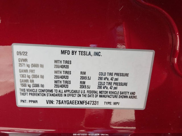 Aukcja sprzedaży 2022 Tesla Model Y Long Range Dual Motor All-wheel Drive, vin: 7SAYGAEEXNF547331, numer aukcji: 45733233