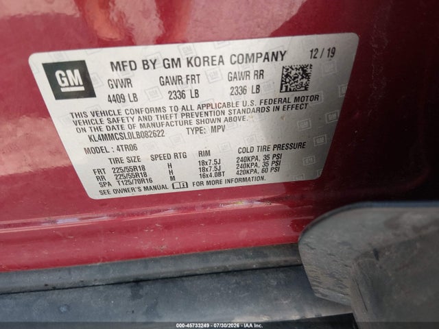 45733249 :رقم المزاد ، KL4MMCSL0LB082622 vin ، 2020 Buick Encore Gx Awd Preferred مزاد بيع