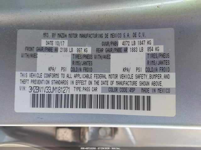 45733258 :رقم المزاد ، 3MZBN1V33JM181271 vin ، 2018 Mazda Mazda3 Touring مزاد بيع