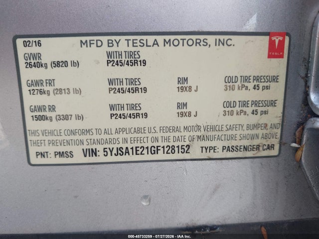 Продаж на аукціоні авто 2016 Tesla Model S 60d/70d/75d/85d/90d, vin: 5YJSA1E21GF128152, номер лоту: 45733259