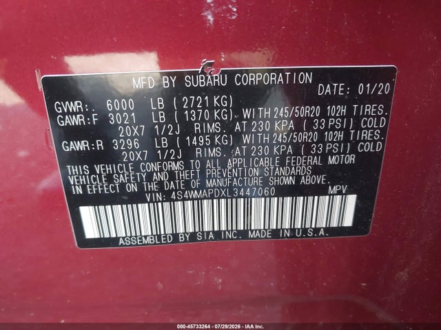 45733264 :رقم المزاد ، 4S4WMAPDXL3447060 vin ، 2020 Subaru Ascent Limited مزاد بيع