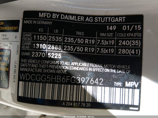Aukcja sprzedaży 2015 Mercedes-benz Glk 350, vin: WDCGG5HB6FG397642, numer aukcji: 45733265
