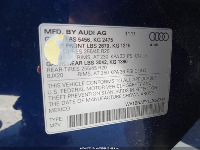 Aukcja sprzedaży 2018 Audi Q5 2.0t Premium/2.0t Tech Premium, vin: WA1BNAFY1J2098744, numer aukcji: 45733274