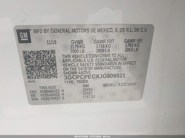 45733285 :رقم المزاد ، 3GCPCPECXJG609921 vin ، 2018 Chevrolet Silverado 1500 Custom مزاد بيع