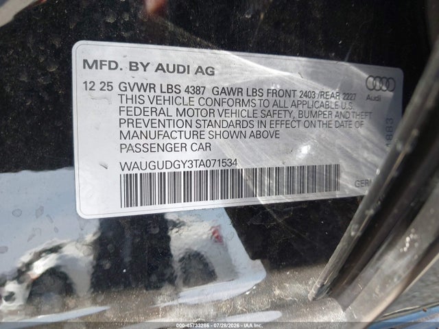 Продаж на аукціоні авто 2026 Audi A3 Premium 40 Tfsi Quattro S Tronic/premium Plus 40 Tfsi Quattro S Tronic, vin: WAUGUDGY3TA071534, номер лоту: 45733286