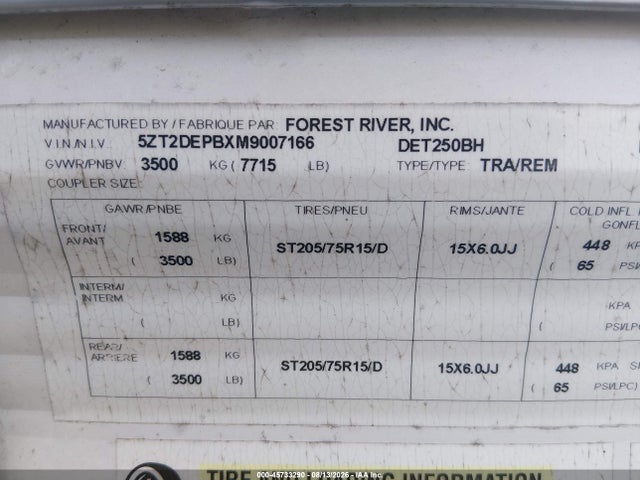 Aukcja sprzedaży 2021 Forest River Della Terra Trailer, vin: 5ZT2DEPBXM9007166, numer aukcji: 45733290