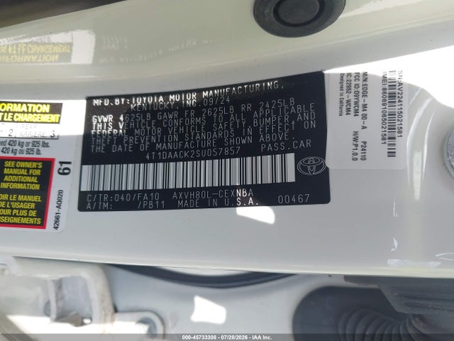 2025 Toyota Camry Le მანქანა იყიდება აუქციონზე, vin: 4T1DAACK2SU057857, აუქციონის ნომერი: 45733308