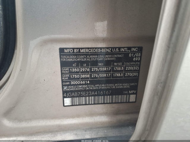 45733323 :رقم المزاد ، 4JGAB75E23A416167 vin ، 2003 Mercedes-benz Ml 500 مزاد بيع