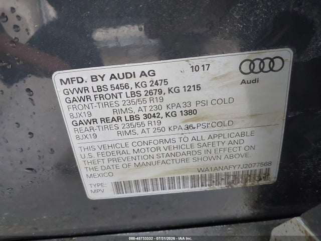2018 Audi Q5 2.0t Premium/2.0t Tech Premium მანქანა იყიდება აუქციონზე, vin: WA1ANAFY7J2077568, აუქციონის ნომერი: 45733332