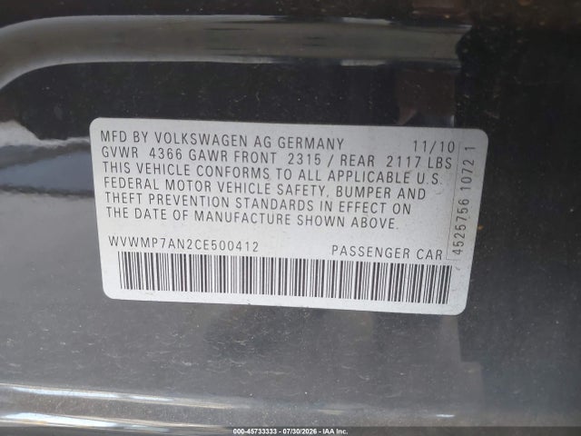2012 Volkswagen Cc Sport მანქანა იყიდება აუქციონზე, vin: WVWMP7AN2CE500412, აუქციონის ნომერი: 45733333
