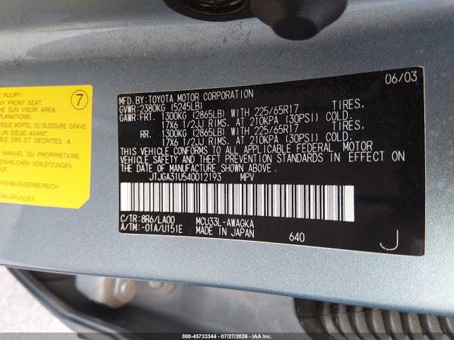 45733344 :رقم المزاد ، JTJGA31U540012193 vin ، 2004 Lexus Rx 330 مزاد بيع