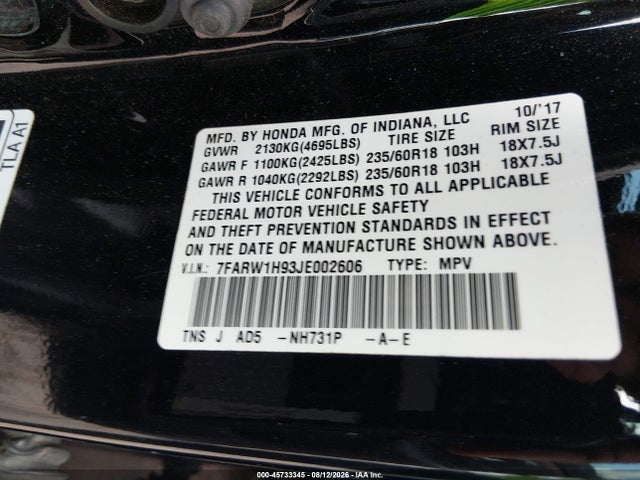 45733345 :رقم المزاد ، 7FARW1H93JE002606 vin ، 2018 Honda Cr-v Touring مزاد بيع