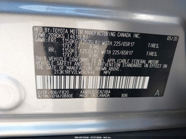 2020 Toyota Rav4 Le მანქანა იყიდება აუქციონზე, vin: 2T3K1RFV2LW082648, აუქციონის ნომერი: 45733348