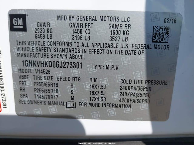 Chevrolet Traverse Lt 2016 1GNKVHKD0GJ273301 Image 9