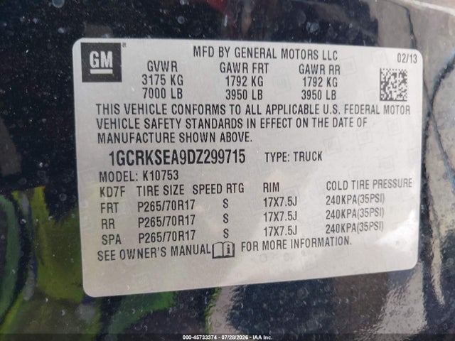 2013 Chevrolet Silverado 1500 Lt მანქანა იყიდება აუქციონზე, vin: 1GCRKSEA9DZ299715, აუქციონის ნომერი: 45733374